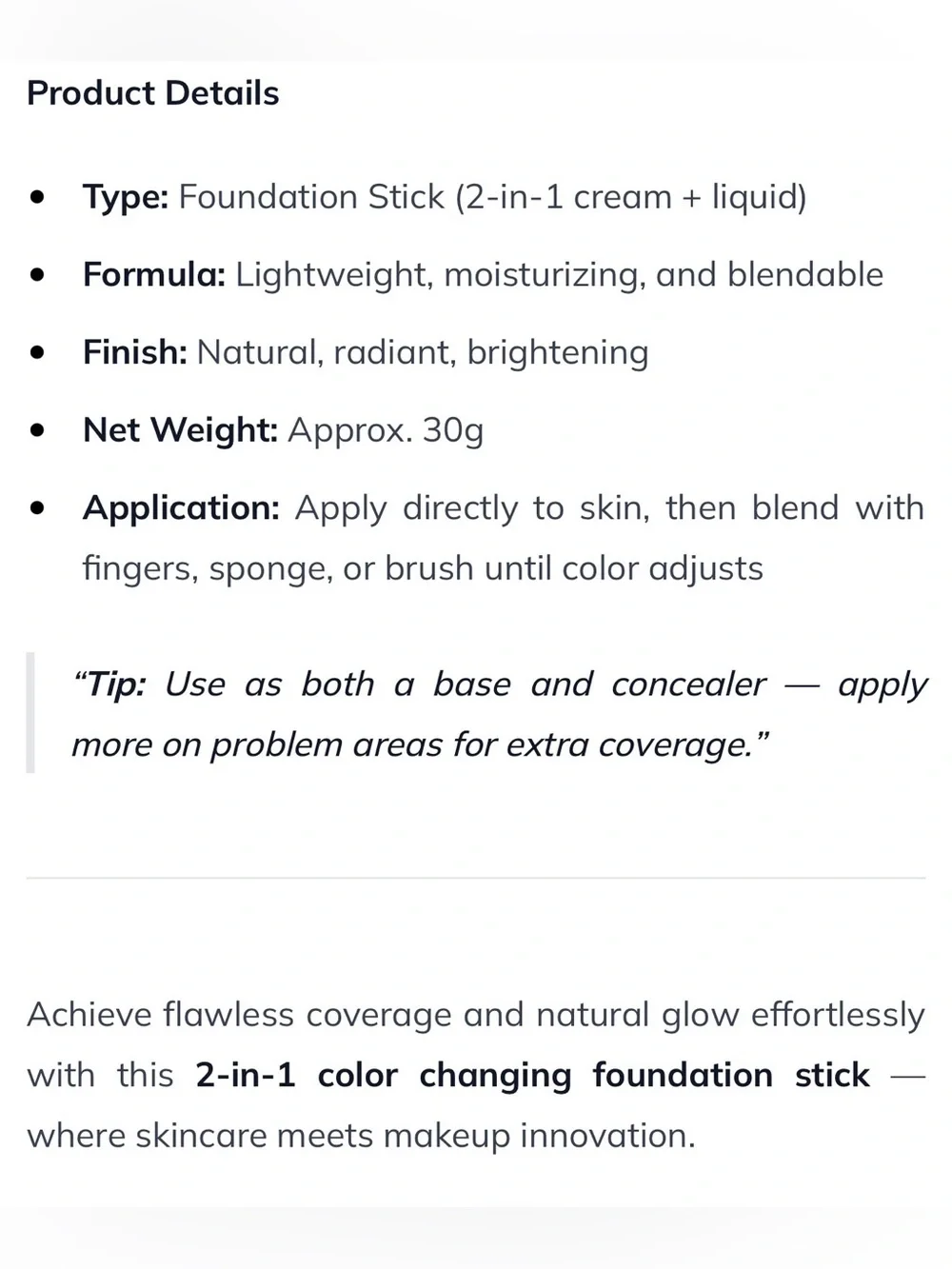 Color Changing Foundation Stick 2-in-1 Moisturizing Brightening Makeup - Natural